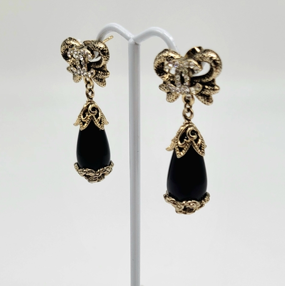 SOLD-Chanel Swarovski Crystal and Onyx Glass Bow Dangle Logo Earrings Light Gold - Picture 8 of 13